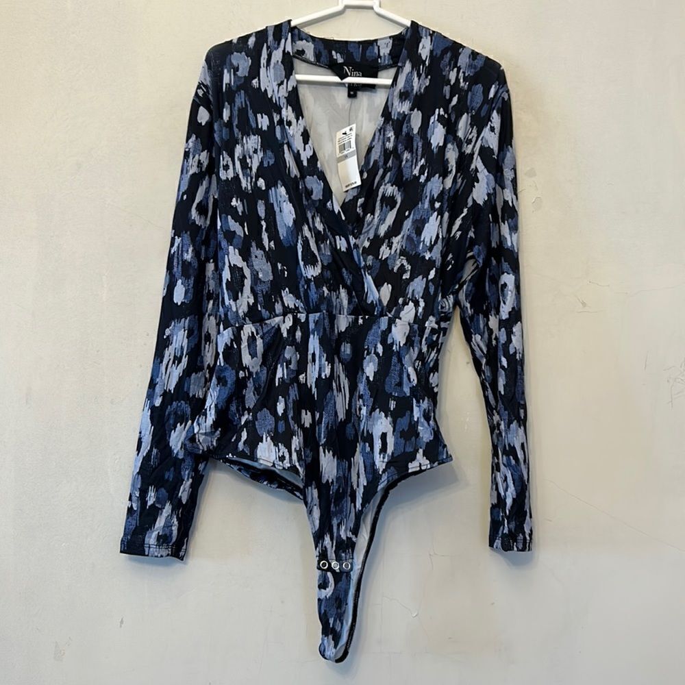 Nina Parker navy blue animal print long sleeve bodysuit Size 1 X New